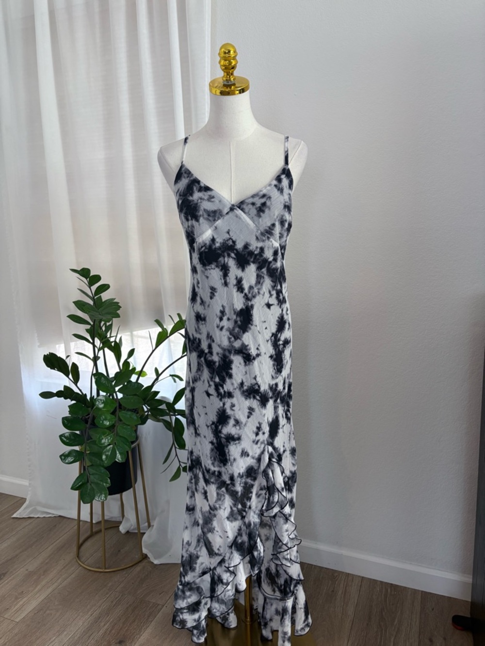 Primark Black & White Tie-Dye Maxi Slip Dress with Ruffle Hem